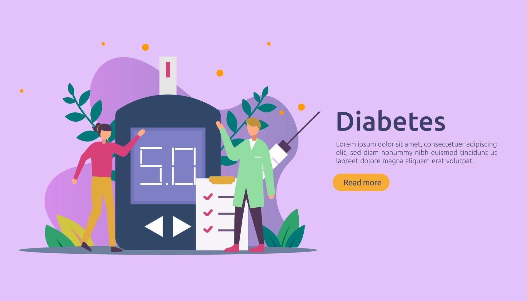 Diabetes mellitus monitoring concept. sugar level blood measures with glucose testing meter. insulin injection treatment and diet control therapy. illustration template for web landing page vector