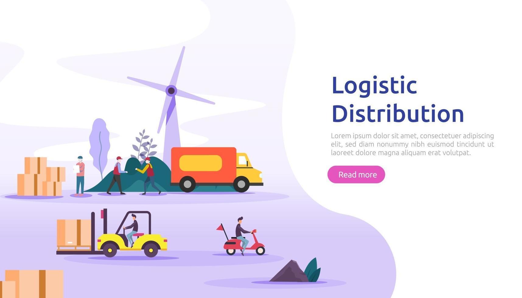 global logistic distribution service illustration concept. delivery worldwide import export shipping banner with people character for web landing page, presentation, social, poster or print media vector