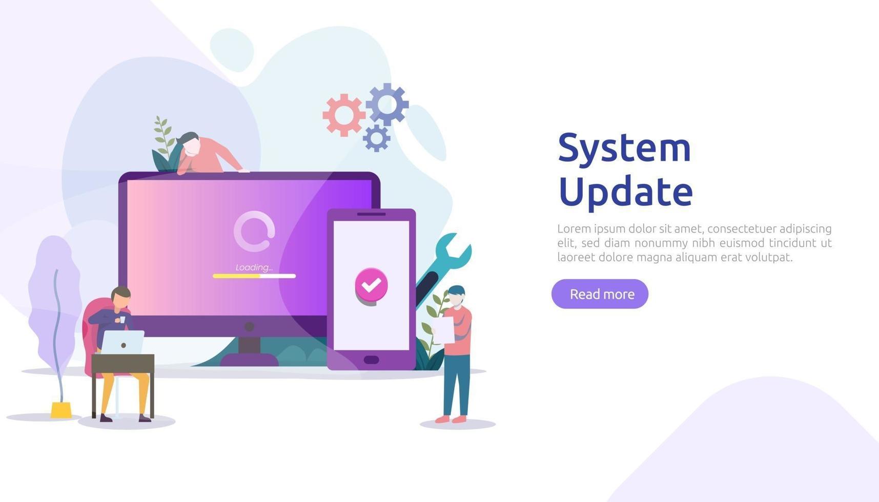 operation system update progress concept. data synchronize process and installation program. illustration web landing page template, banner, presentation, UI, poster, ad, promotion or print media. vector