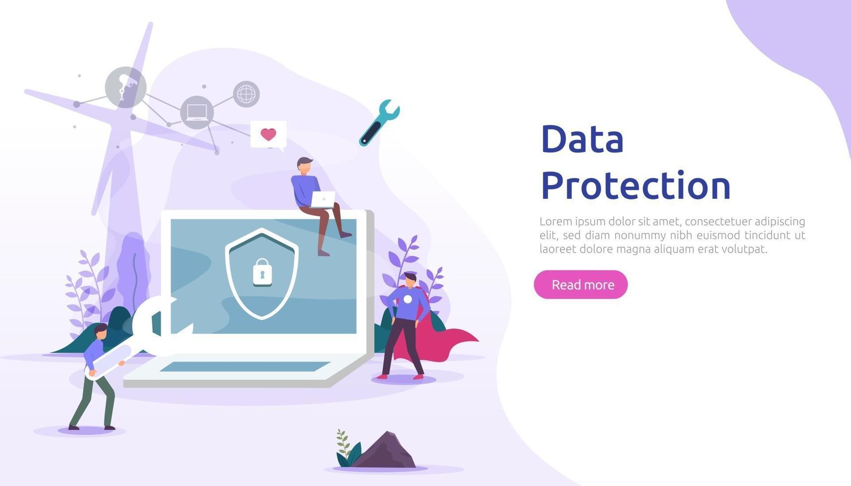 seguridad y protección de datos confidenciales. seguridad de la red de internet vpn. concepto de privacidad personal de cifrado de tráfico con carácter de personas. página de destino web, banner, presentación, medios sociales o impresos vector