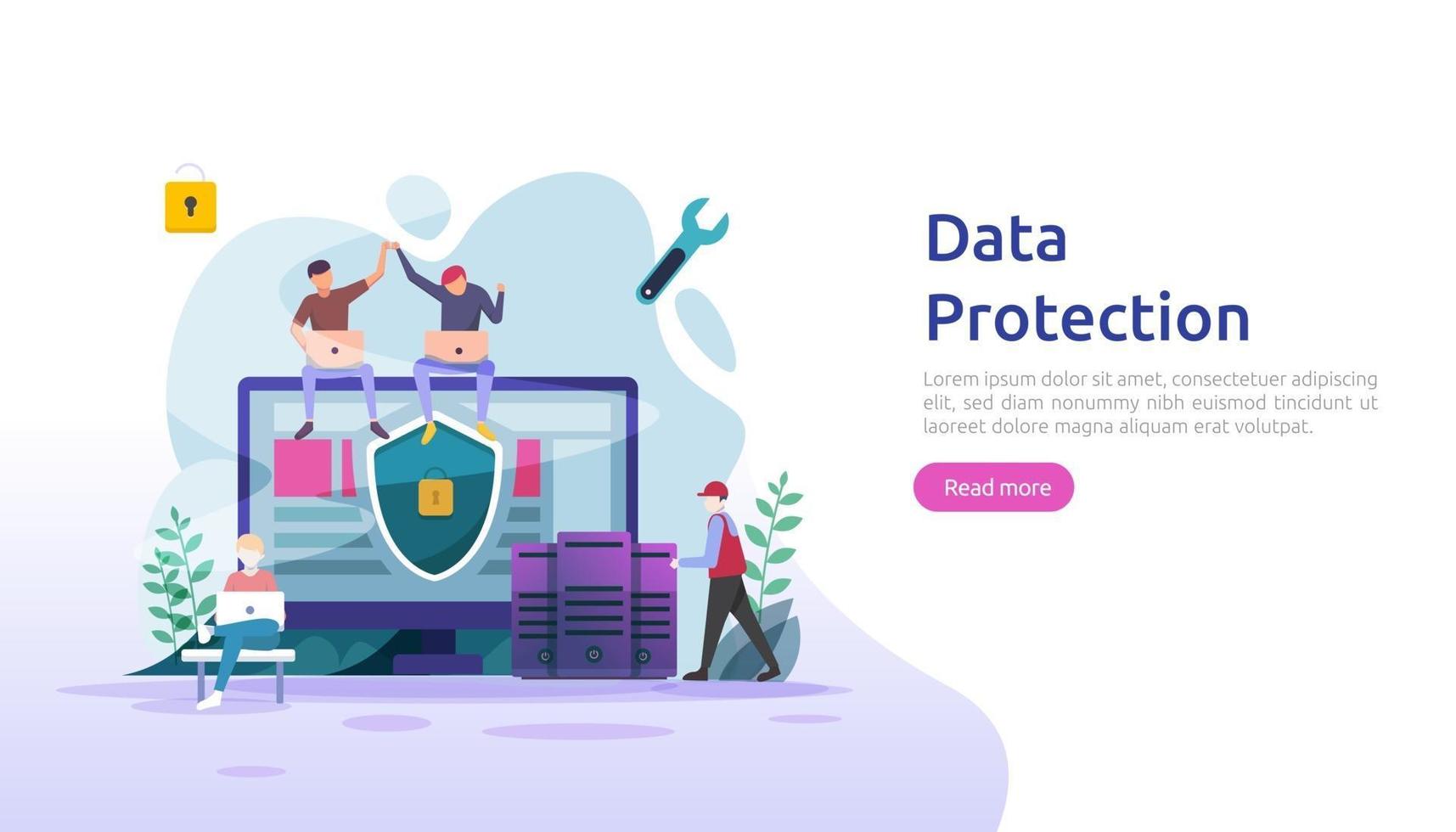 Safety and confidential data protection. VPN internet network security. Traffic encryption personal privacy concept with people character. web landing page, banner, presentation, social or print media vector