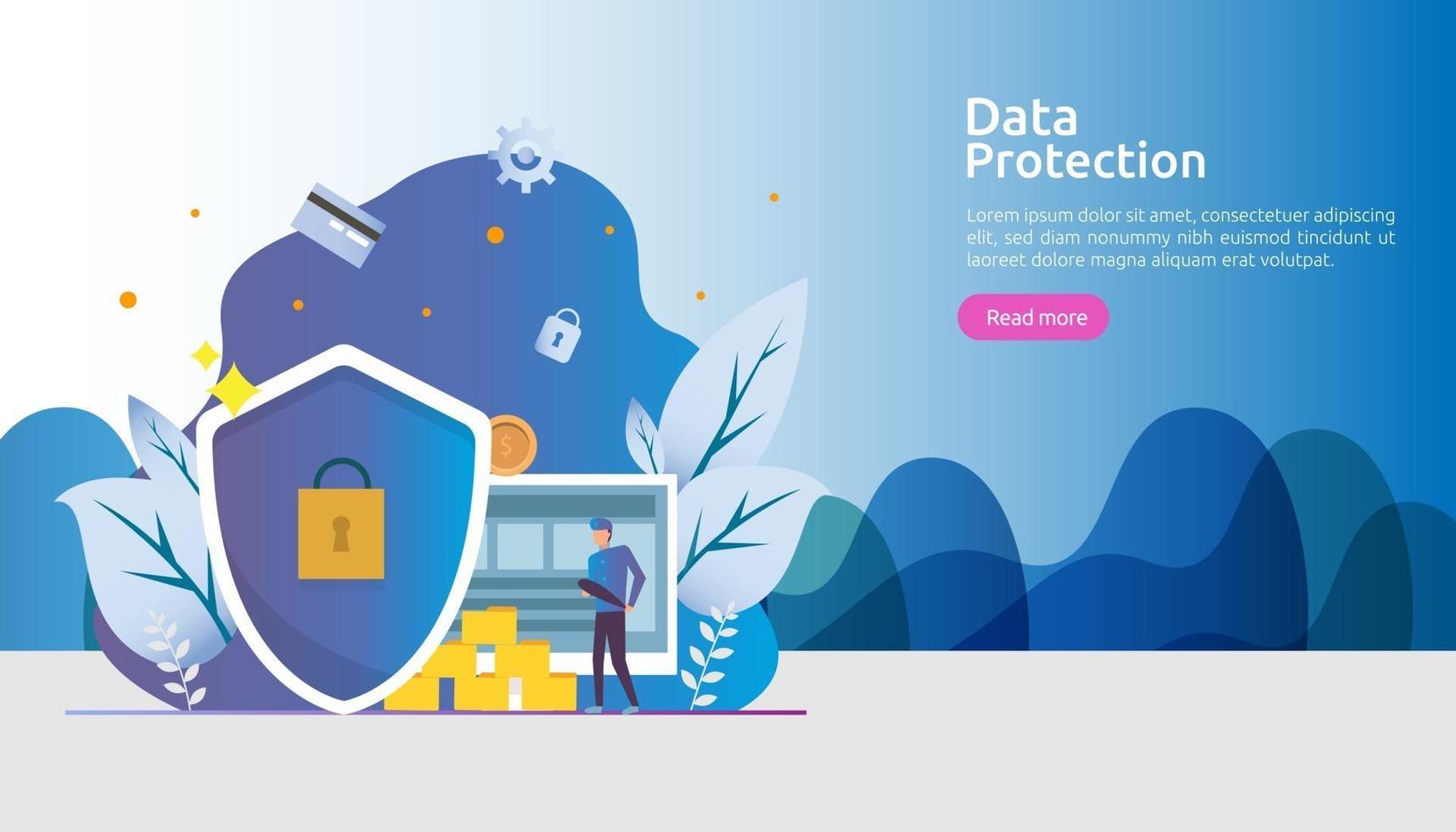 seguridad y protección de datos confidenciales. seguridad de la red de internet vpn. concepto de privacidad personal de cifrado de tráfico con carácter de personas. página de destino web, banner, presentación, medios sociales o impresos vector