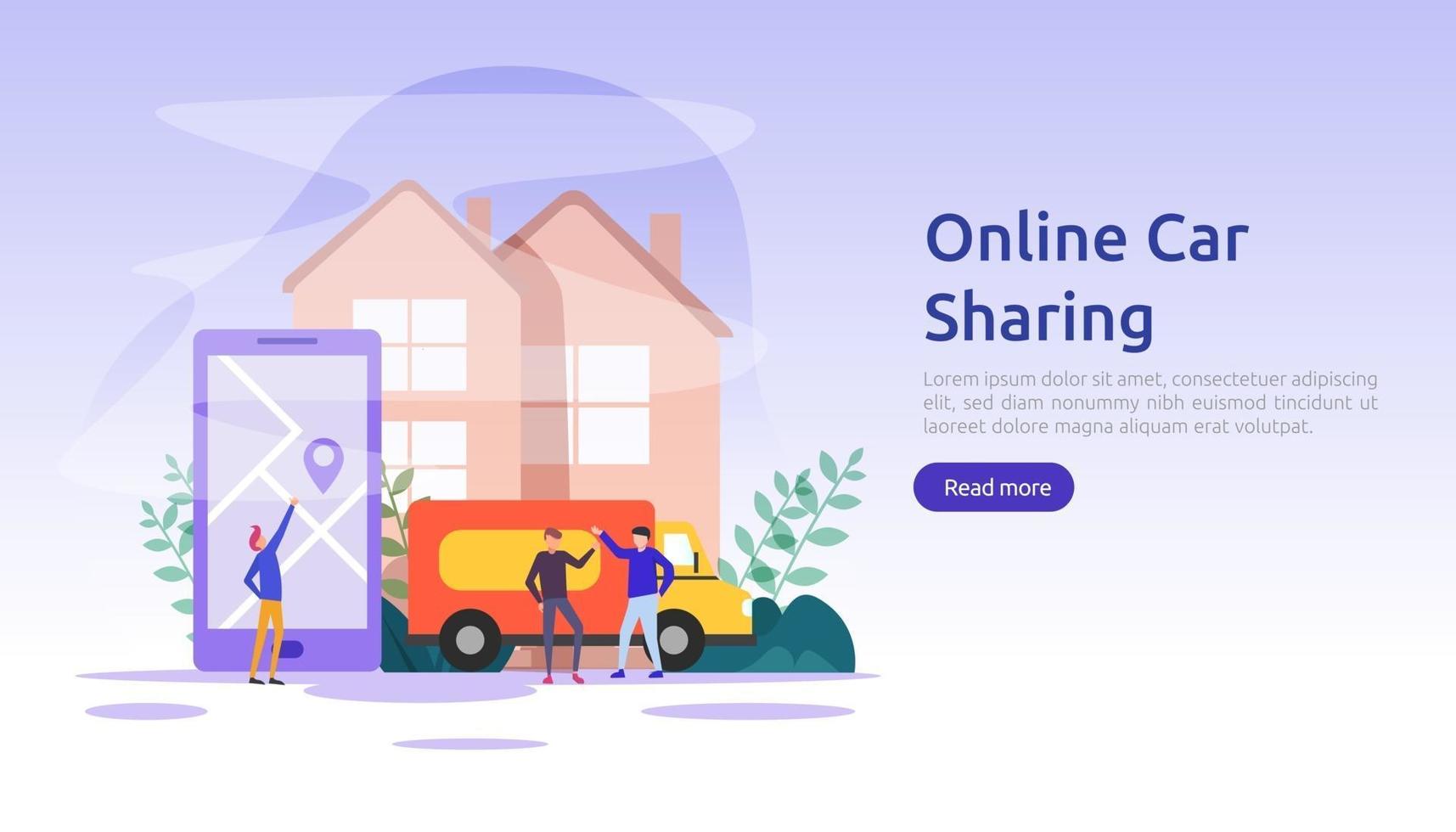 Online car sharing or rental concept. mobile city transportation with navigation smartphone, online map, GPS and people character for web landing page template, banner, presentation, ad or print media vector