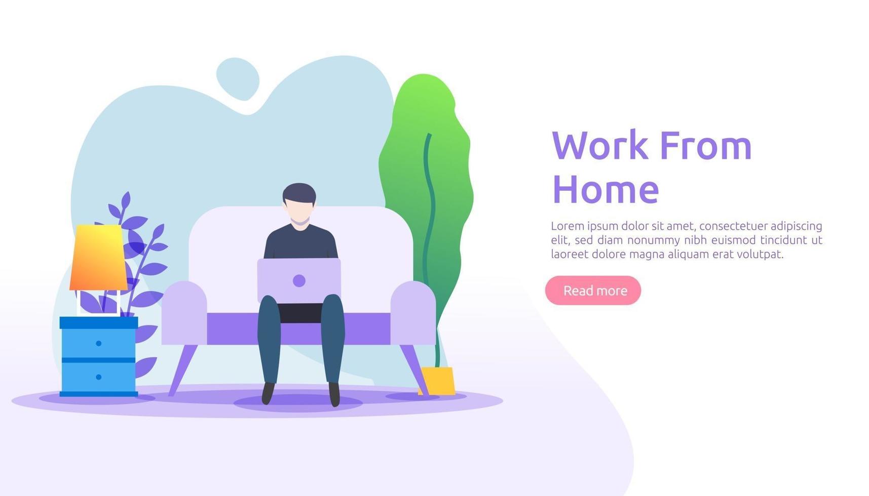 Work at home, coworking space concept design. Freelance sitting at desk, working on laptop at house with people character for web landing page, banner, presentation, social, poster, ad or print media vector