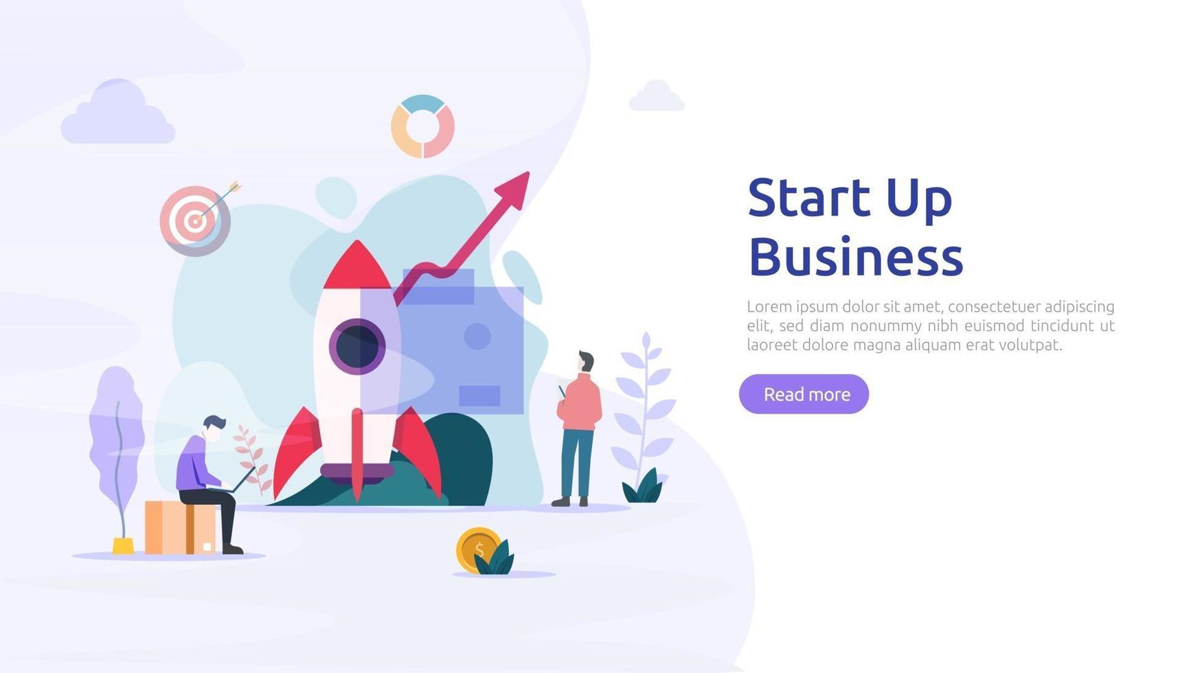 start up service or new product idea launch concept. project business with rocket tiny people character. template for web landing page, banner, presentation, social, print media. Vector illustration