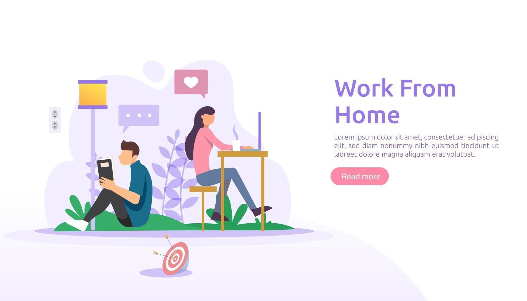 Work at home, coworking space concept design. Freelance sitting at desk, working on laptop at house with people character for web landing page, banner, presentation, social, poster, ad or print media vector