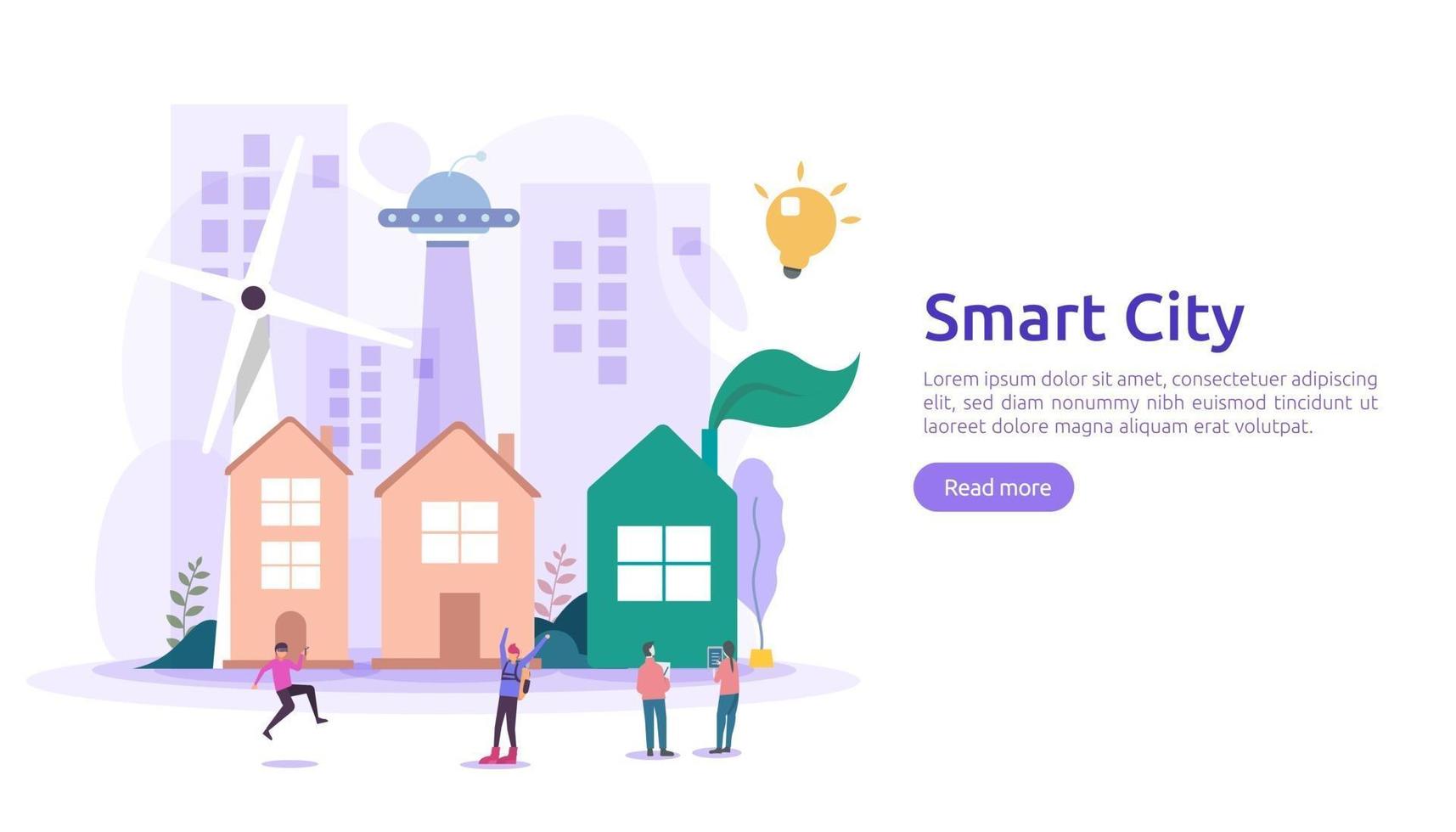 Smart city services concept with internet of things networks and augmented reality. Urban landscape with buildings, skyscrapers, transport traffic. flat style vector illustration for web landing page