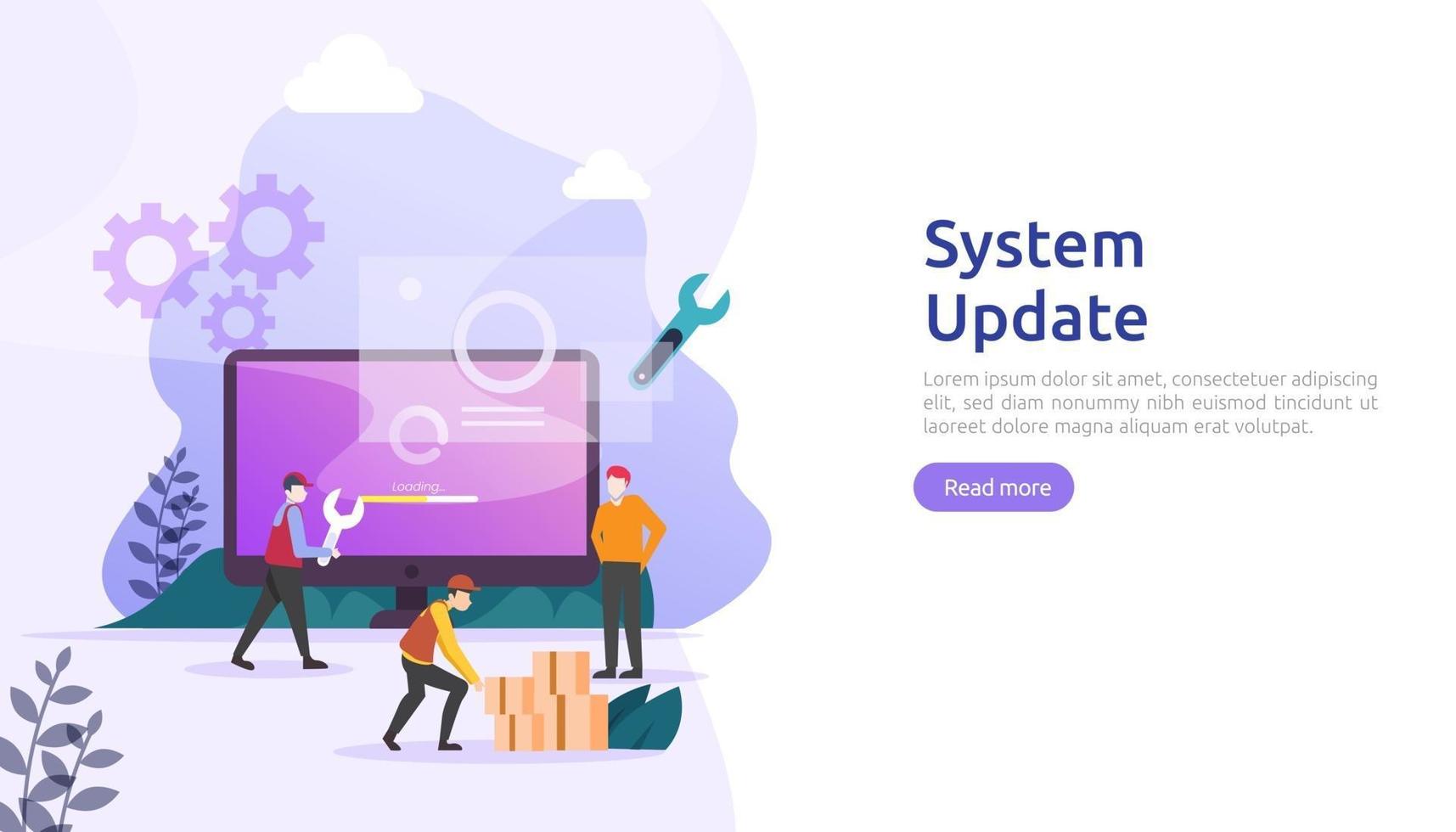 operation system update progress concept. data synchronize process and installation program. illustration web landing page template, banner, presentation, UI, poster, ad, promotion or print media. vector