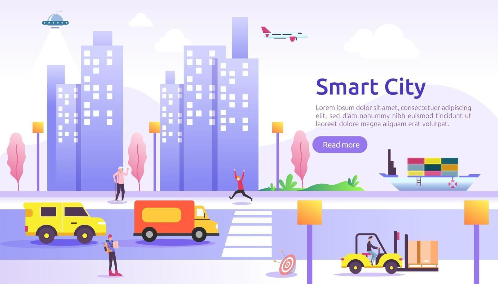 Smart city services concept with internet of things networks and augmented reality. Urban landscape with buildings, skyscrapers, transport traffic. flat style vector illustration for web landing page