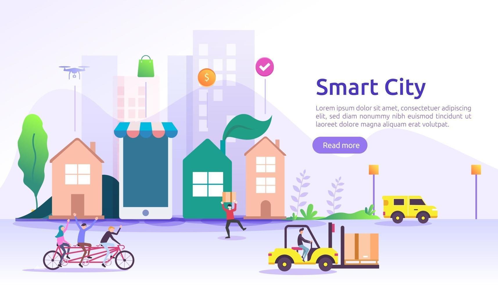 Smart city services concept with internet of things networks and augmented reality. Urban landscape with buildings, skyscrapers, transport traffic. flat style vector illustration for web landing page