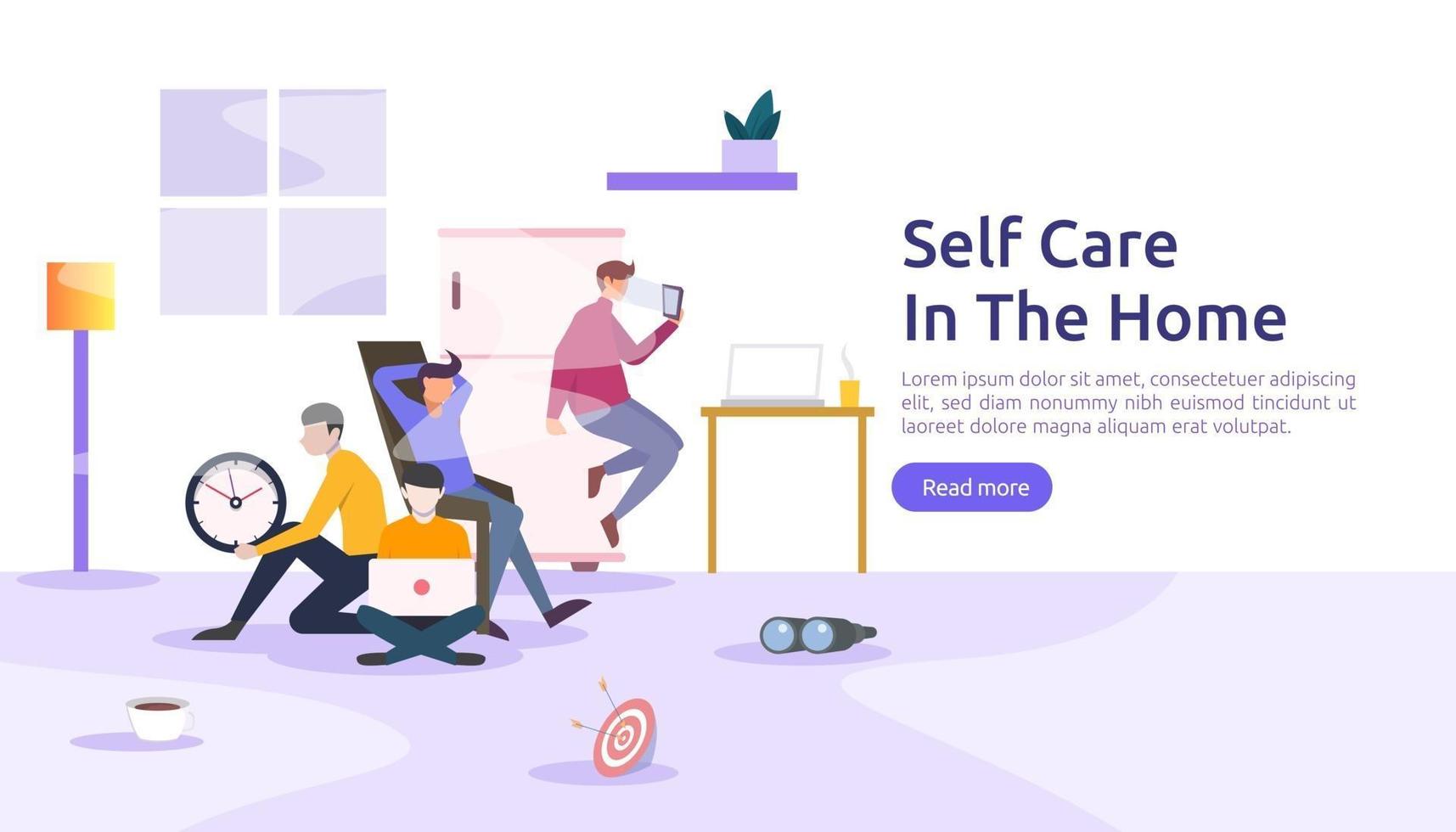self care and stay home concept. Self isolation, home activities, quarantine due to coronavirus illustration template for landing page, banner, presentation, social, poster, promotion or print media vector