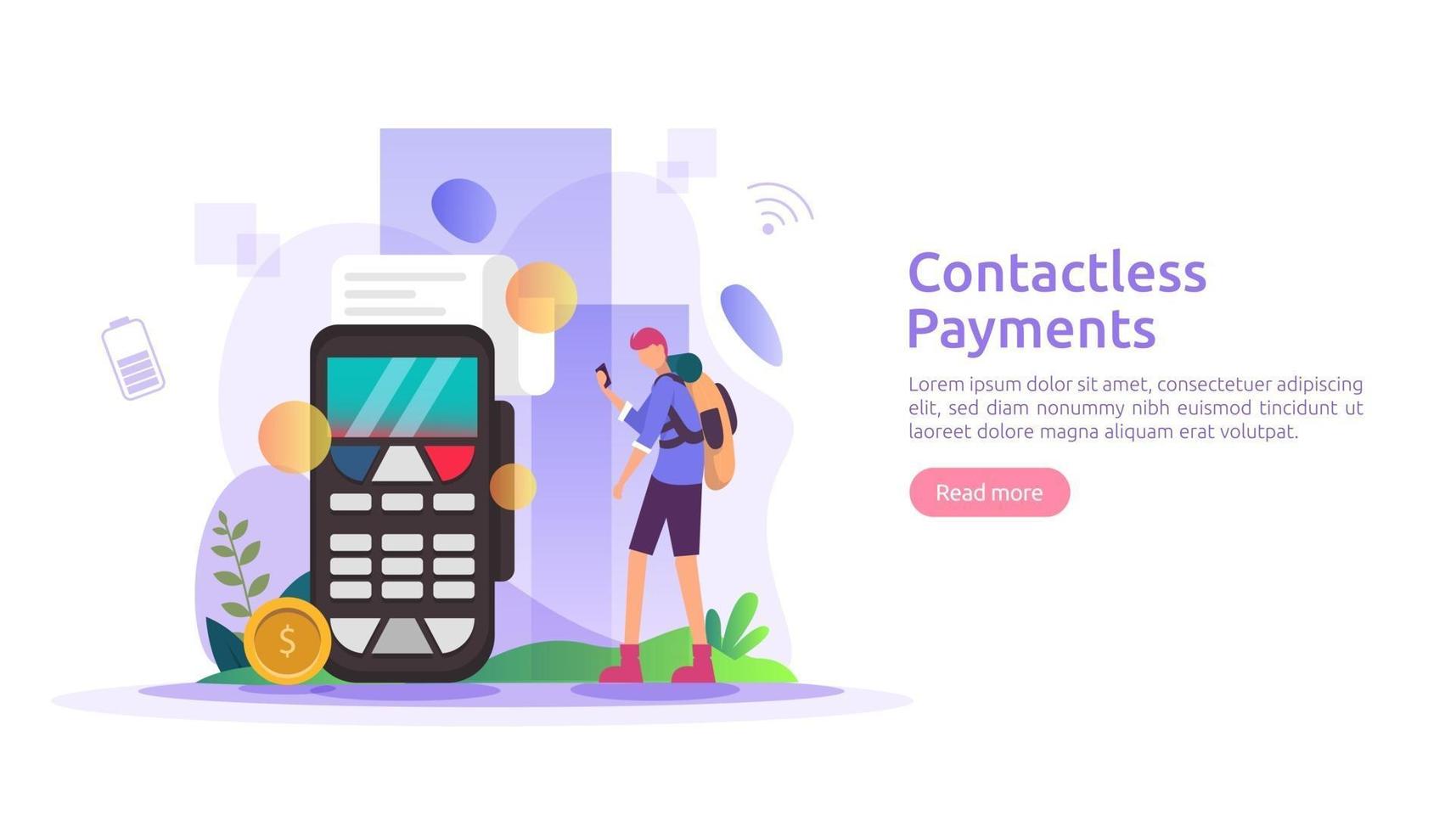 pago móvil o concepto de transferencia de dinero. Pagos sin contacto, inalámbricos o sin efectivo con tecnología nfc para teléfonos inteligentes. plantilla para página de destino web, banner, presentación, redes sociales, medios impresos vector