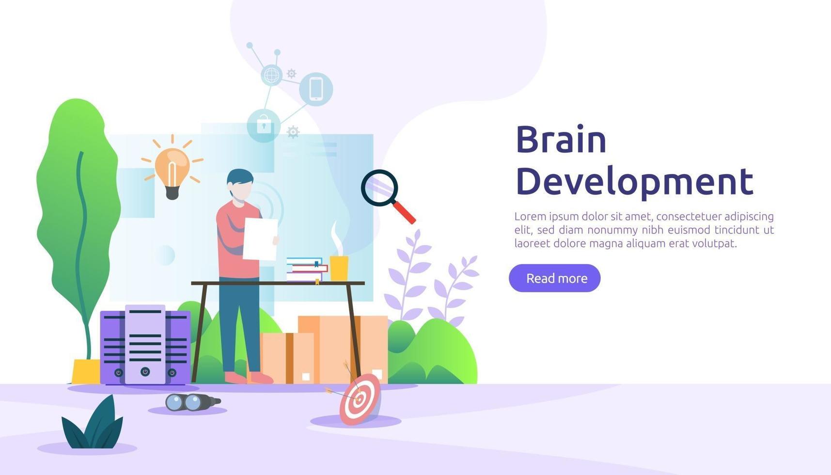 illustration flat design of thinking creative, brain development and mental rest with people character. template for web landing page, banner, presentation, social, poster, promotion or print media vector