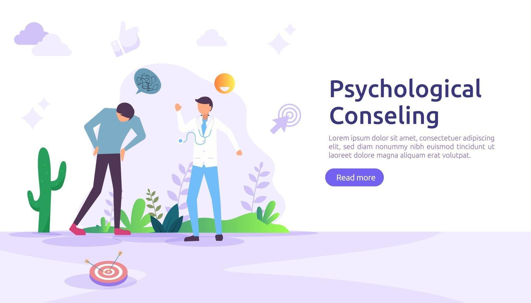 Psychological counseling concept illustration. Psychotherapy practice, psychiatrist consulting patient with people character. template for web landing page, banner, presentation, poster, print media vector