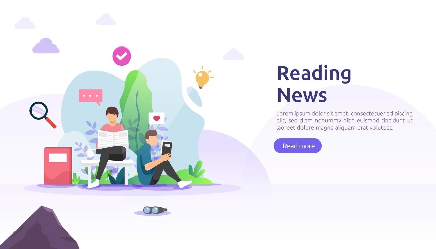 reading newspapers and online news article media on smartphone concept with people character. flat illustration template for web landing page, banner, presentation, social, poster, ad or print media vector