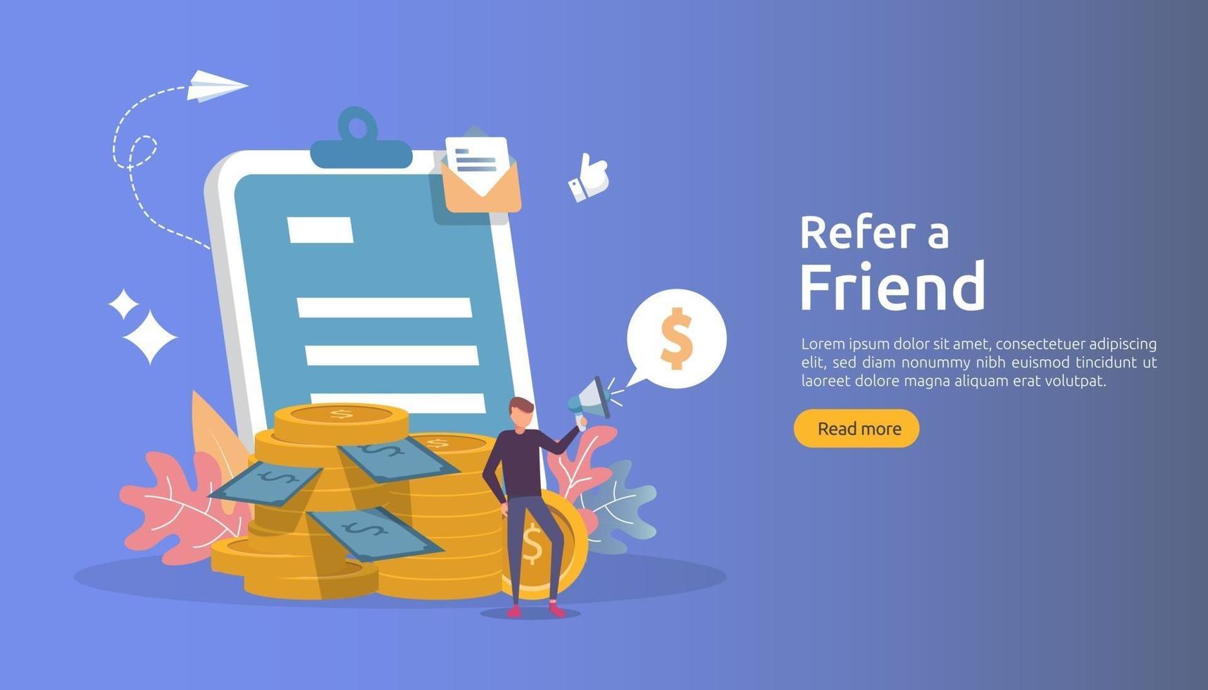 affiliate marketing concept. refer a friend strategy. people character shout megaphone sharing referral business partnership and earn money. template for web landing page, banner, poster, print media vector