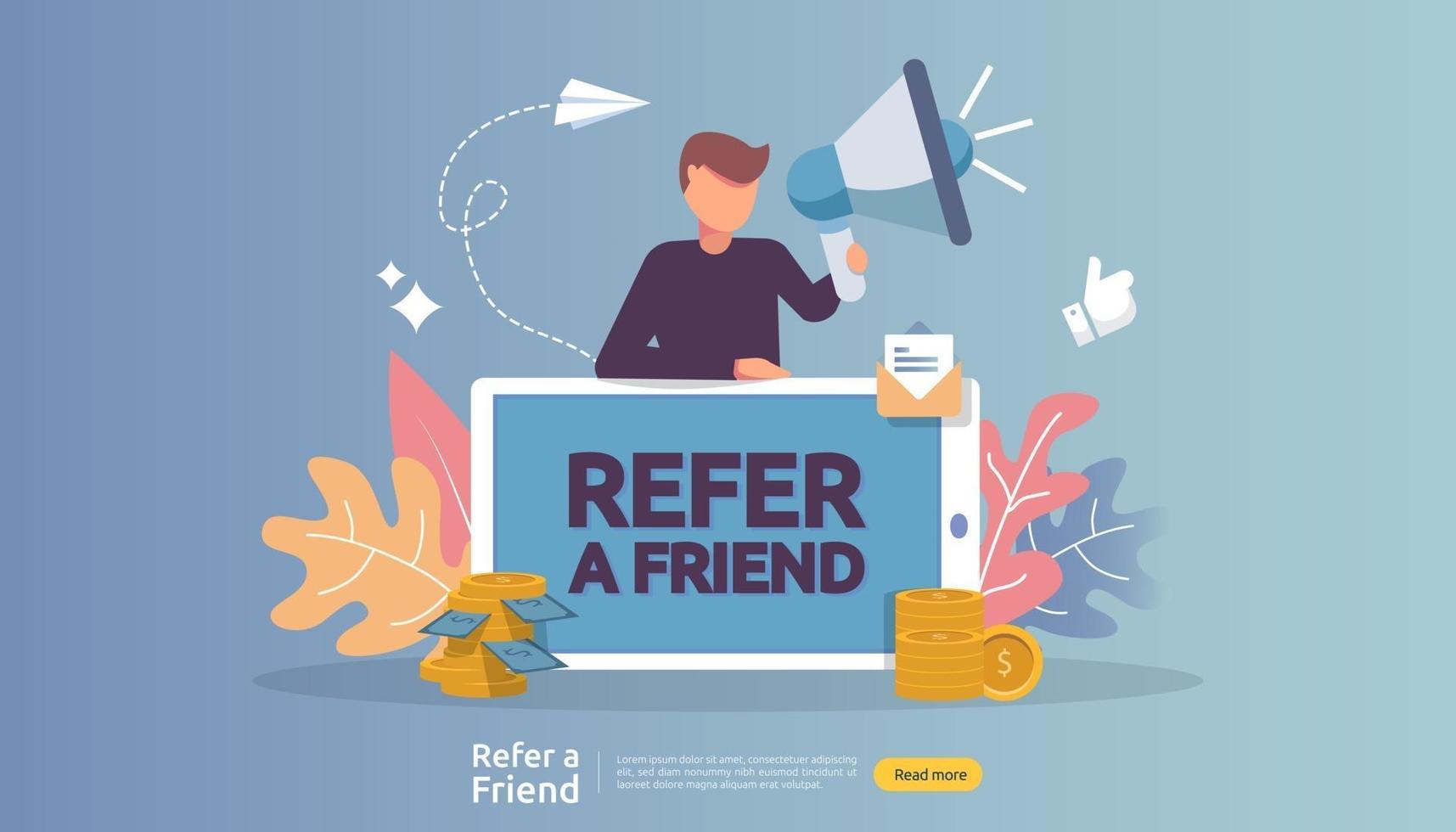 affiliate marketing concept. refer a friend strategy. people character shout megaphone sharing referral business partnership and earn money. template for web landing page, banner, poster, print media vector