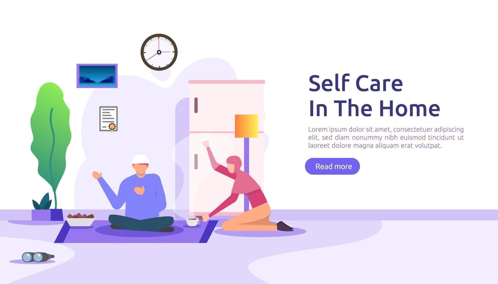 self care and stay home concept. Self isolation, home activities, quarantine due to coronavirus illustration template for landing page, banner, presentation, social, poster, promotion or print media vector