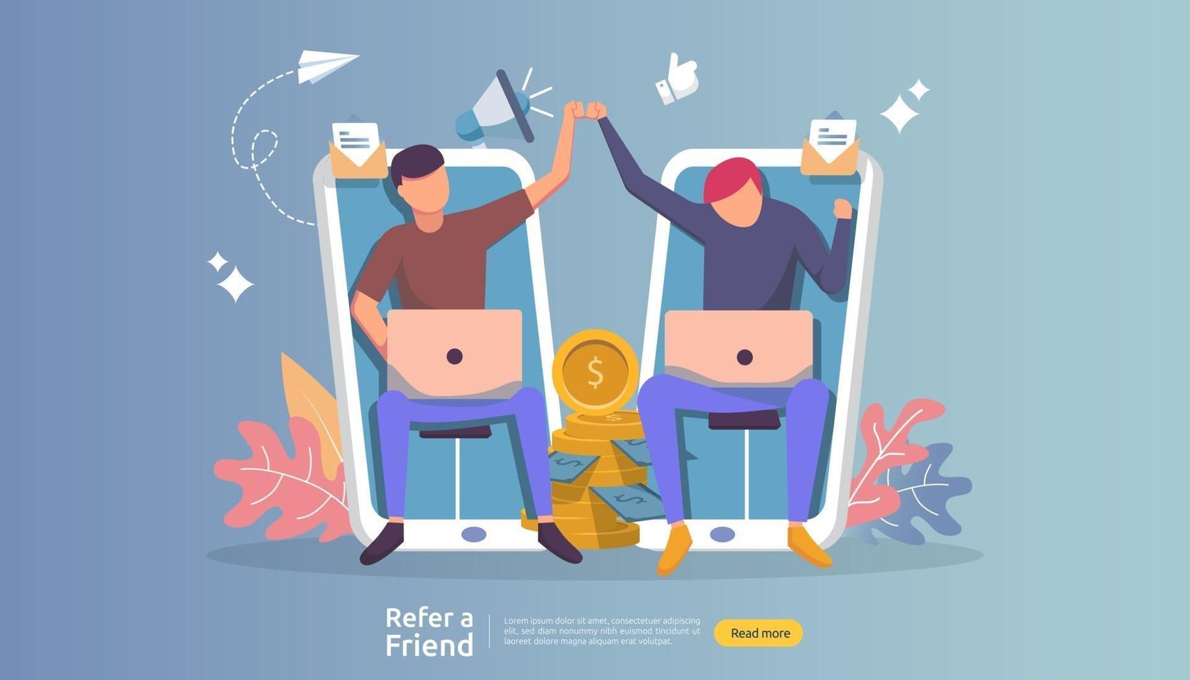 refer a friend affiliate partnership and earn money. marketing concept strategy. people character sharing referral business. template for web landing page, banner, presentation, poster, or print media vector