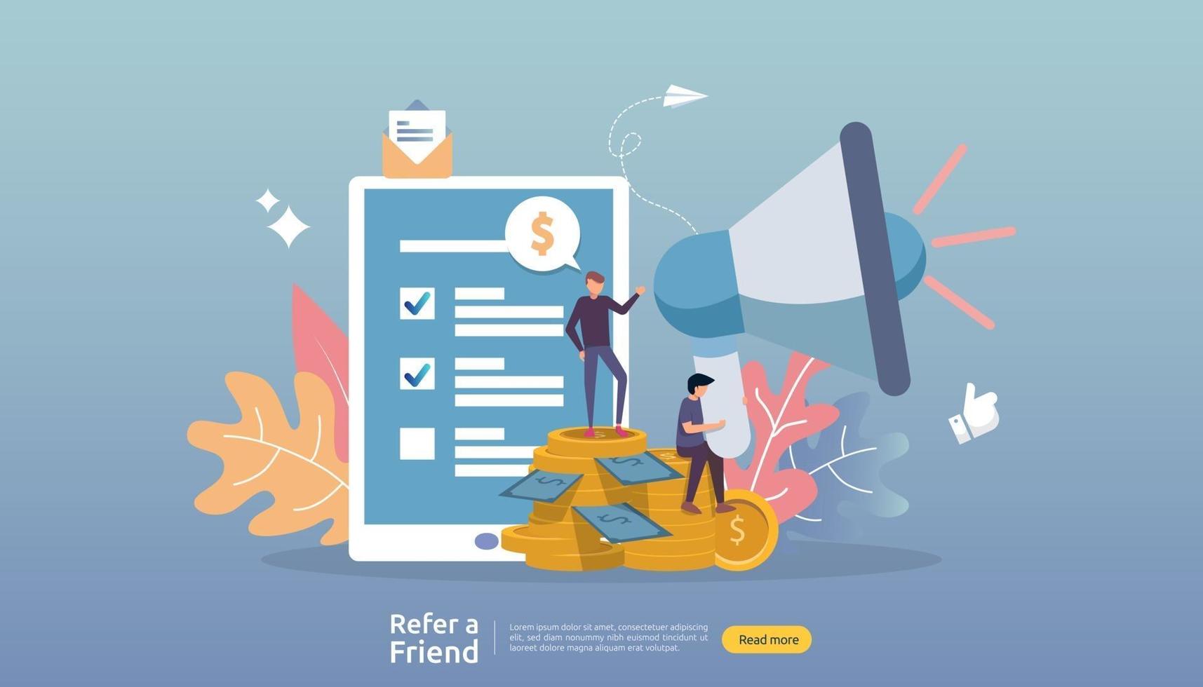 affiliate marketing concept. refer a friend strategy. people character shout megaphone sharing referral business partnership and earn money. template for web landing page, banner, poster, print media vector