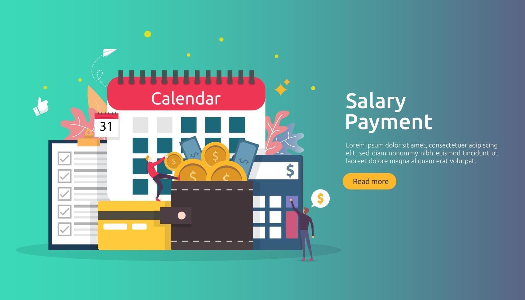 Payroll income concept. salary payment annual bonus. payout with paper, calculator, and people character. web landing page template, banner, presentation, social, and print media. Vector illustration