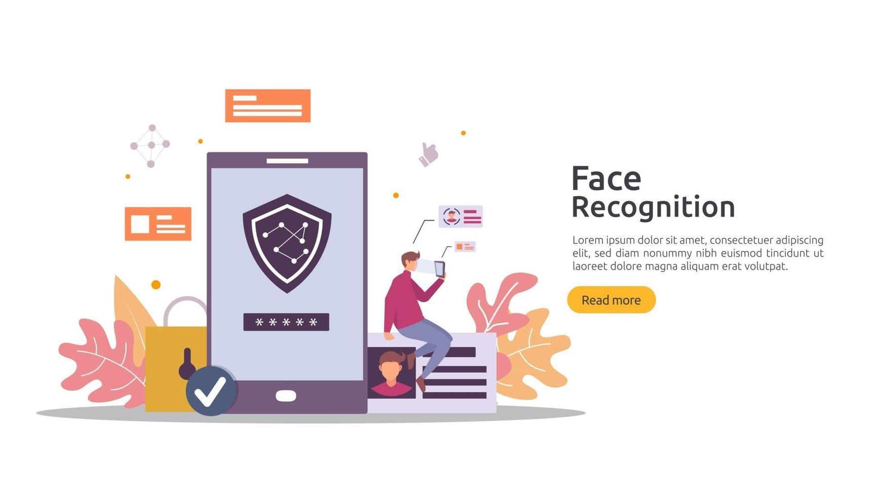 Face recognition data security design. facial biometric identification system scanning on smartphone. web landing page template, banner, presentation, social, poster, ad, promotion or print media. vector
