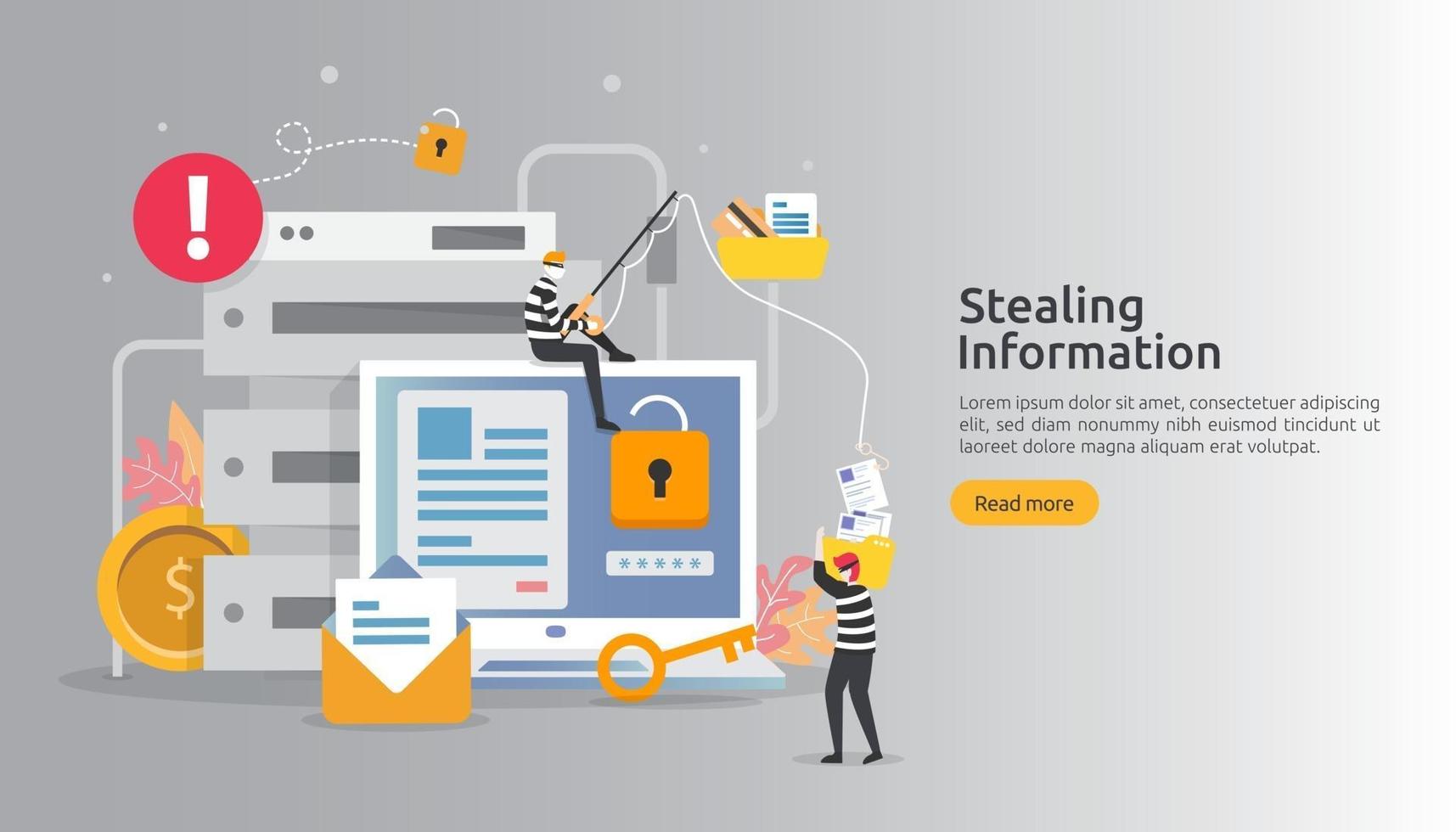 internet security concept with people character. password phishing attack. stealing personal information data web landing page, banner, presentation, social, print media template. Vector illustration