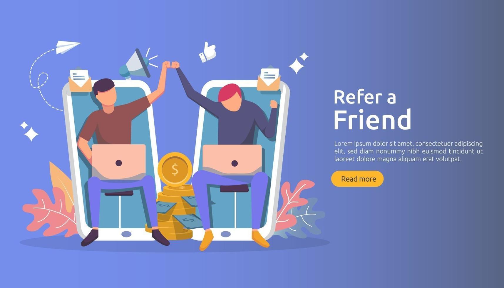 refer a friend affiliate partnership and earn money. marketing concept strategy. people character sharing referral business. template for web landing page, banner, presentation, poster, or print media vector