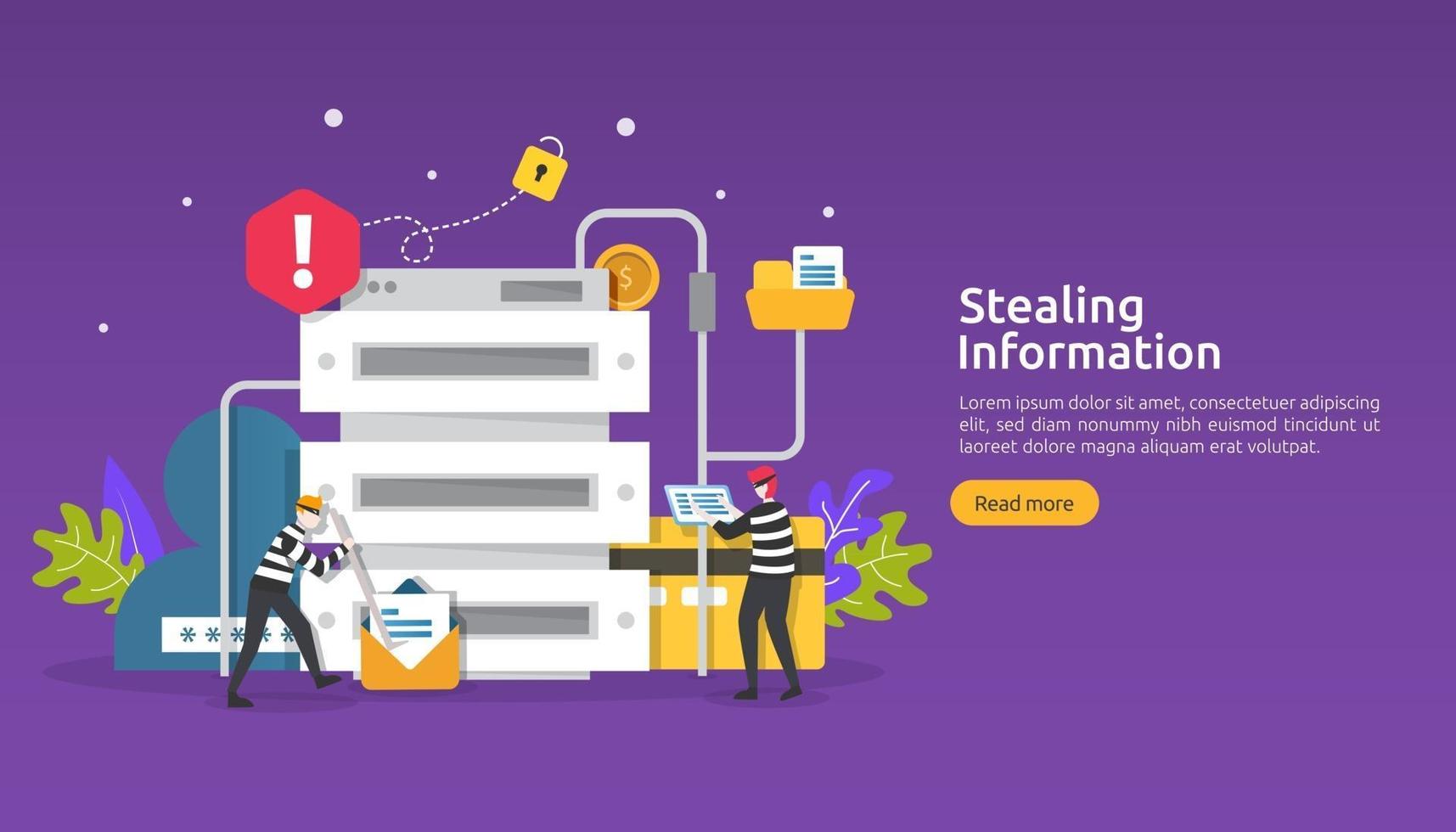 internet security concept with people character. password phishing attack. stealing personal information data web landing page, banner, presentation, social, print media template. Vector illustration