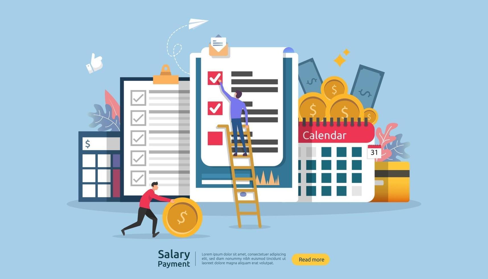 Payroll income concept. salary payment annual bonus. payout with paper, calculator, and people character. web landing page template, banner, presentation, social, and print media. Vector illustration