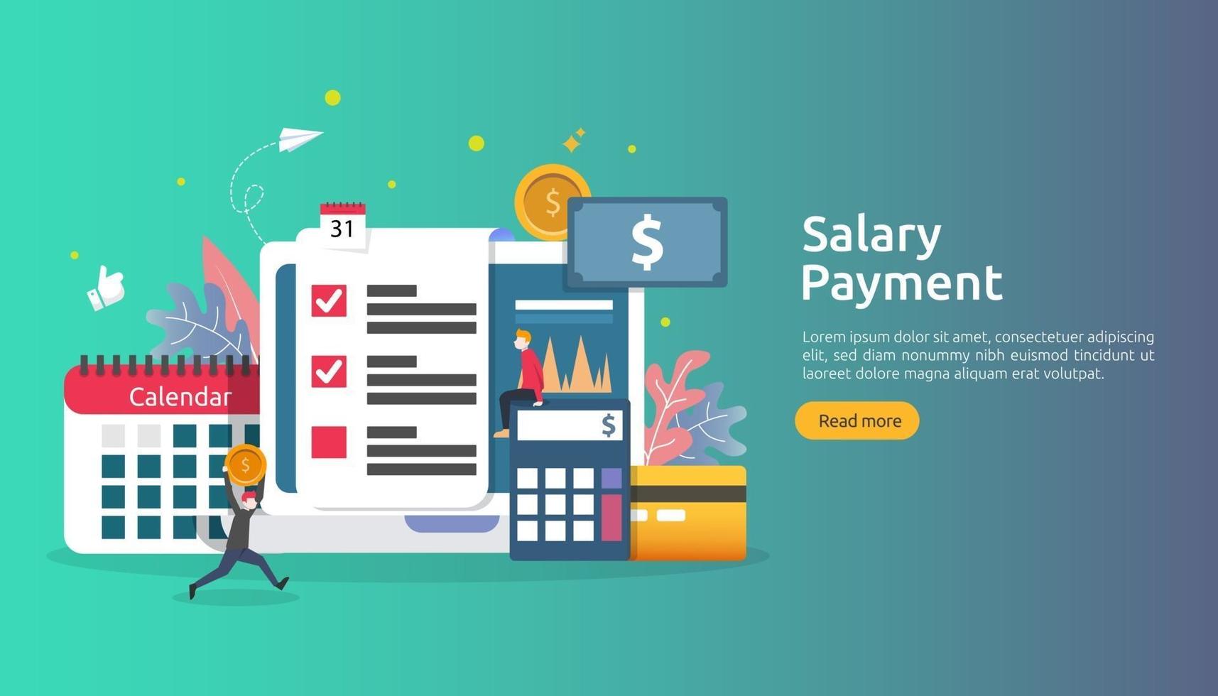 Payroll income concept. salary payment annual bonus. payout with paper, calculator, and people character. web landing page template, banner, presentation, social, and print media. Vector illustration