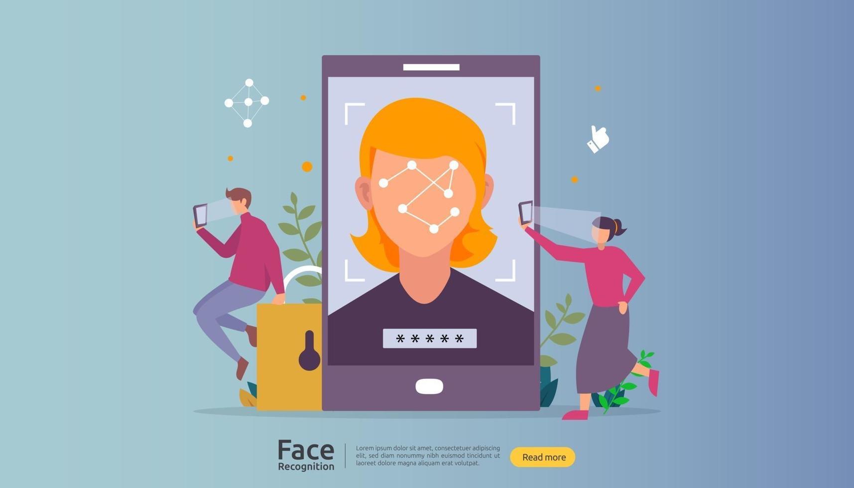Face recognition data security design. facial biometric identification system scanning on smartphone. web landing page template, banner, presentation, social, poster, ad, promotion or print media. vector