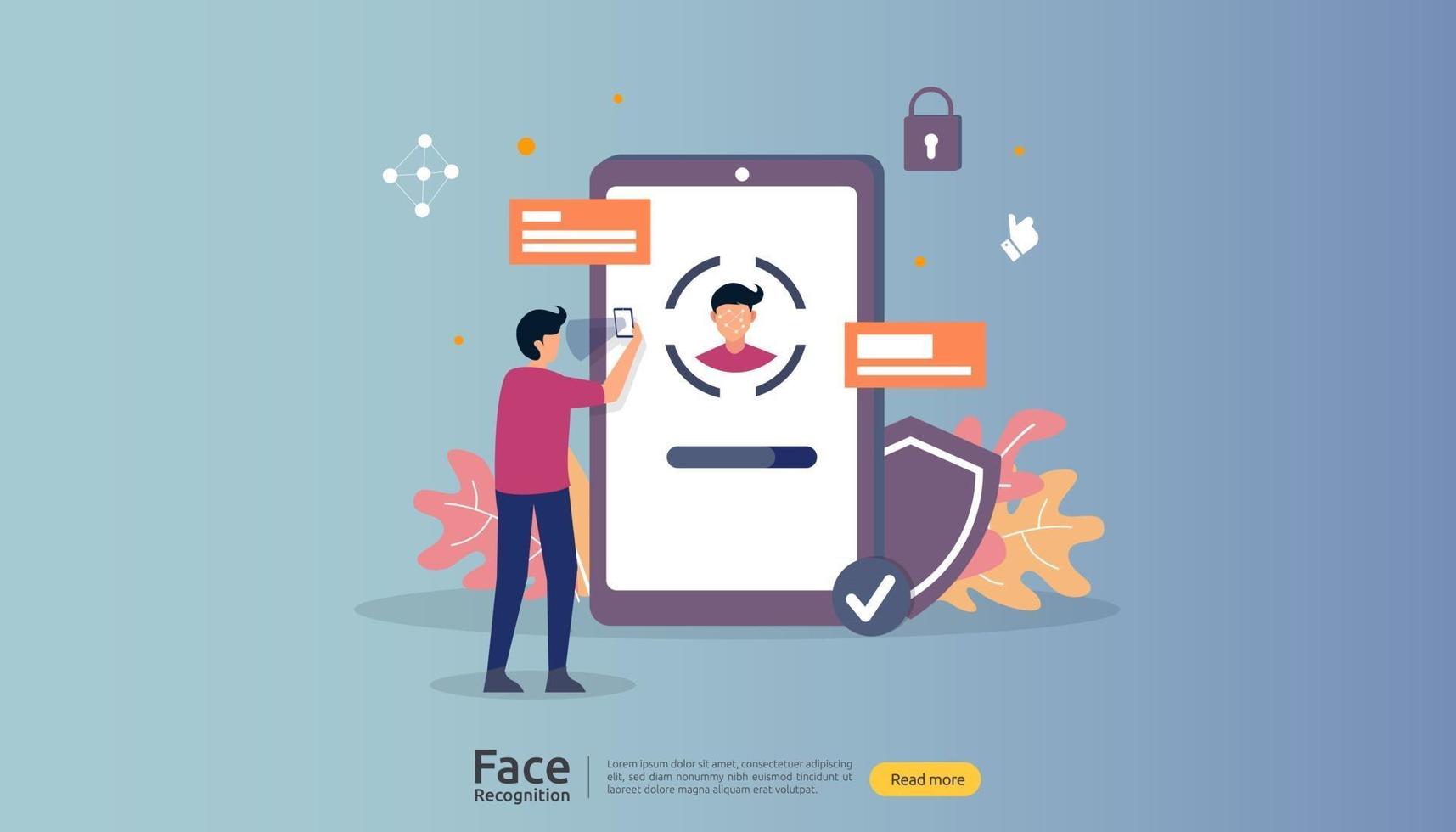 Face recognition data security design. facial biometric identification system scanning on smartphone. web landing page template, banner, presentation, social, poster, ad, promotion or print media. vector