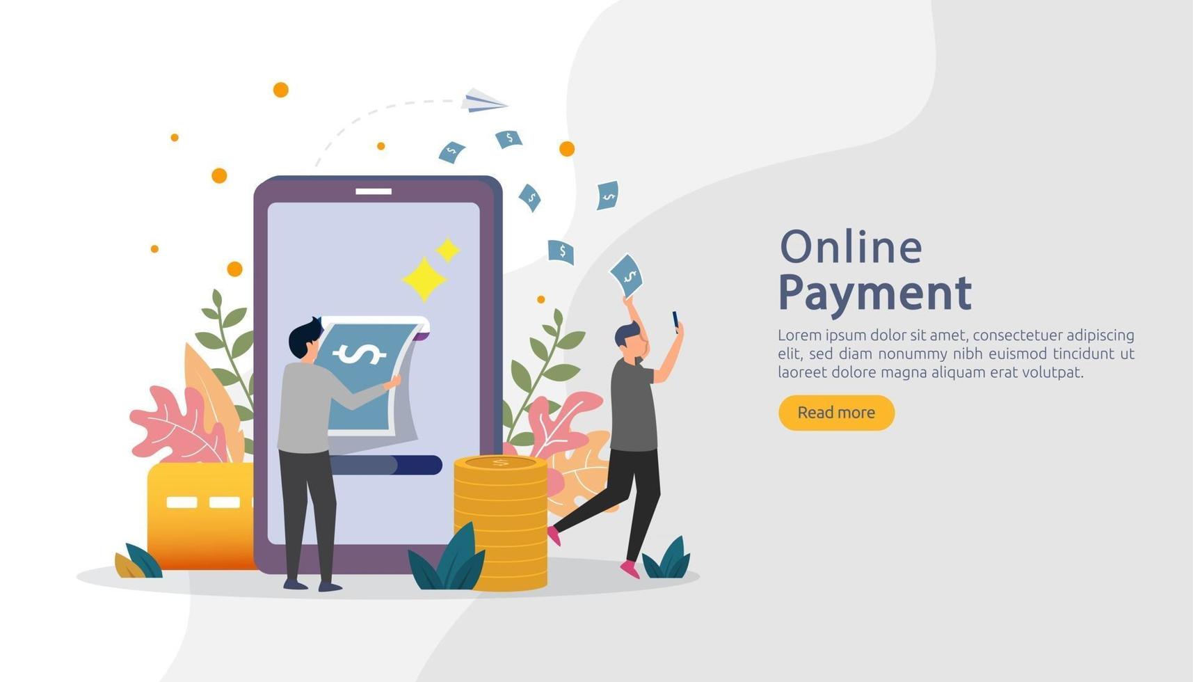 E-commerce market shopping online illustration with tiny people character. mobile payment or money transfer concept. template for web landing page, banner, presentation, social media, print media. vector