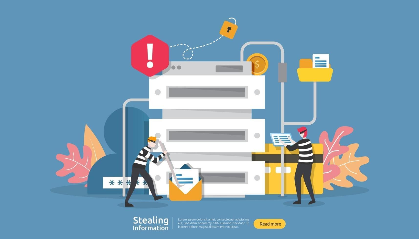 concepto de seguridad de Internet con carácter de personas. ataque de phishing de contraseña. robo de datos de información personal página de destino web, banner, presentación, social, plantilla de medios impresos. ilustración vectorial vector