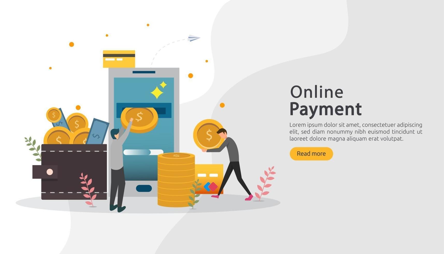 E-commerce market shopping online illustration with tiny people character. mobile payment or money transfer concept. template for web landing page, banner, presentation, social media, print media. vector