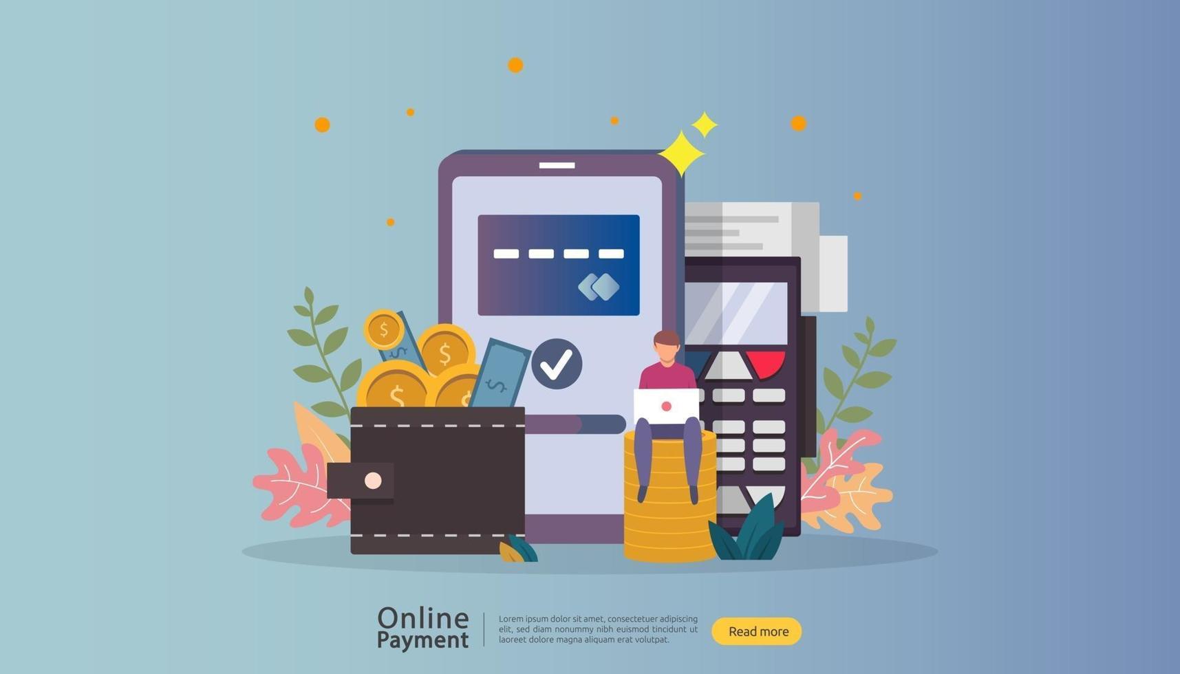 E-commerce market shopping online illustration with tiny people character. mobile payment or money transfer concept. template for web landing page, banner, presentation, social media, print media. vector