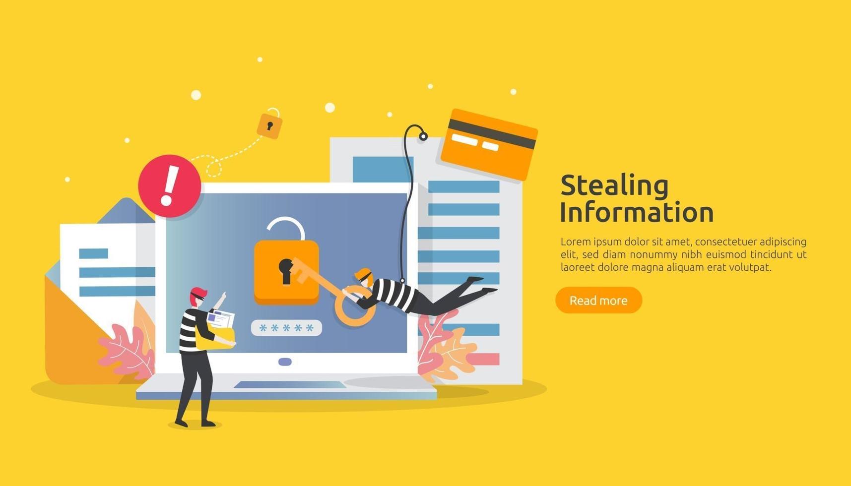 internet security concept with people character. password phishing attack. stealing personal information data web landing page, banner, presentation, social, print media template. Vector illustration