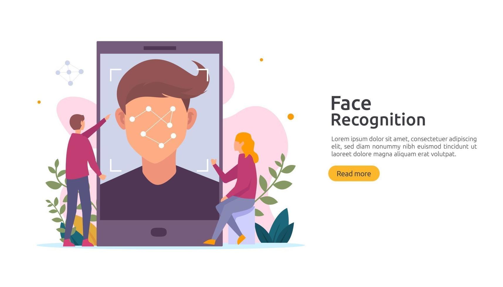 Face recognition data security design. facial biometric identification system scanning on smartphone. web landing page template, banner, presentation, social, poster, ad, promotion or print media. vector