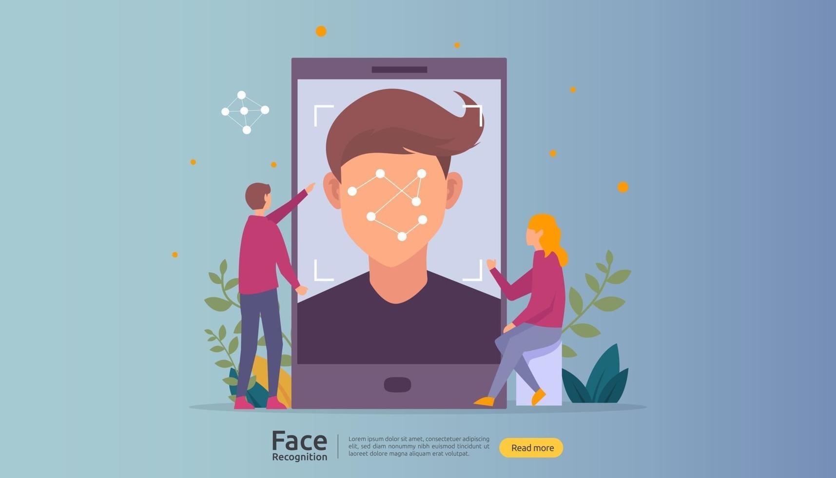 Face recognition data security design. facial biometric identification system scanning on smartphone. web landing page template, banner, presentation, social, poster, ad, promotion or print media. vector