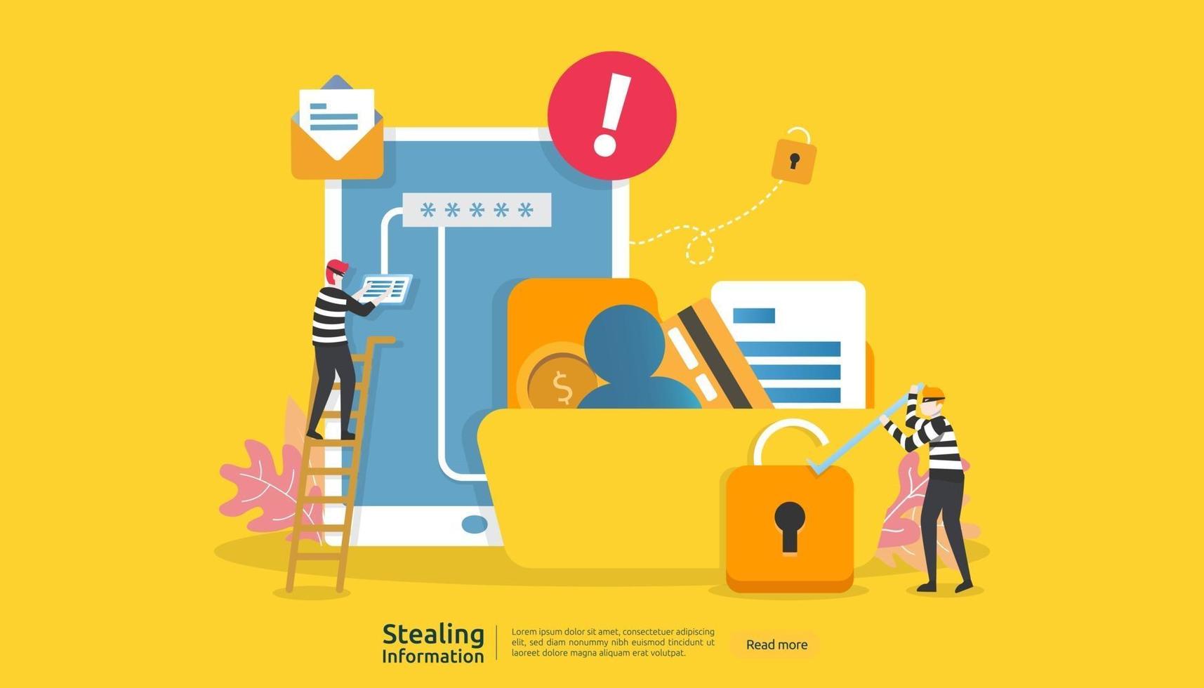 internet security concept with people character. password phishing attack. stealing personal information data web landing page, banner, presentation, social, print media template. Vector illustration