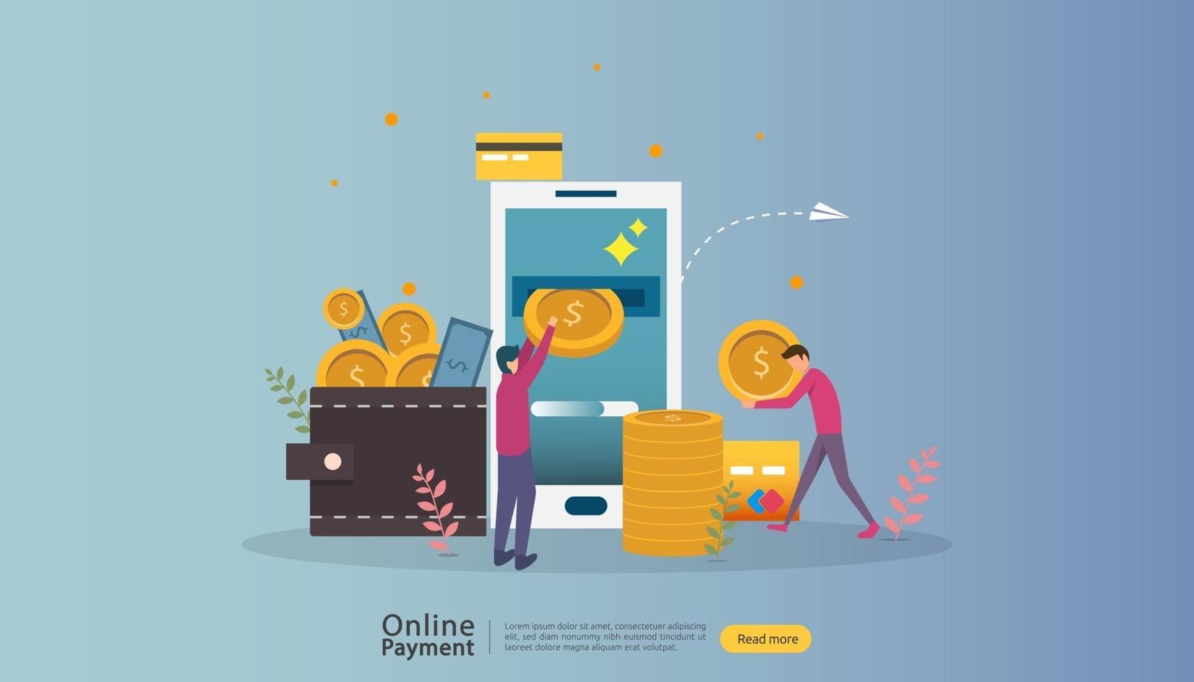 E-commerce market shopping online illustration with tiny people character. mobile payment or money transfer concept. template for web landing page, banner, presentation, social media, print media. vector