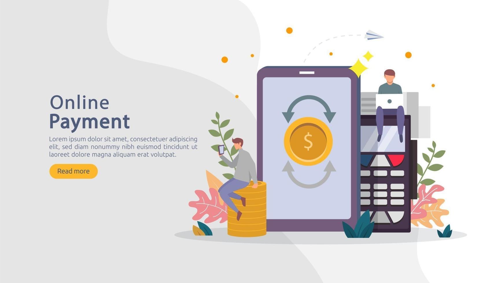 E-commerce market shopping online illustration with tiny people character. mobile payment or money transfer concept. template for web landing page, banner, presentation, social media, print media. vector