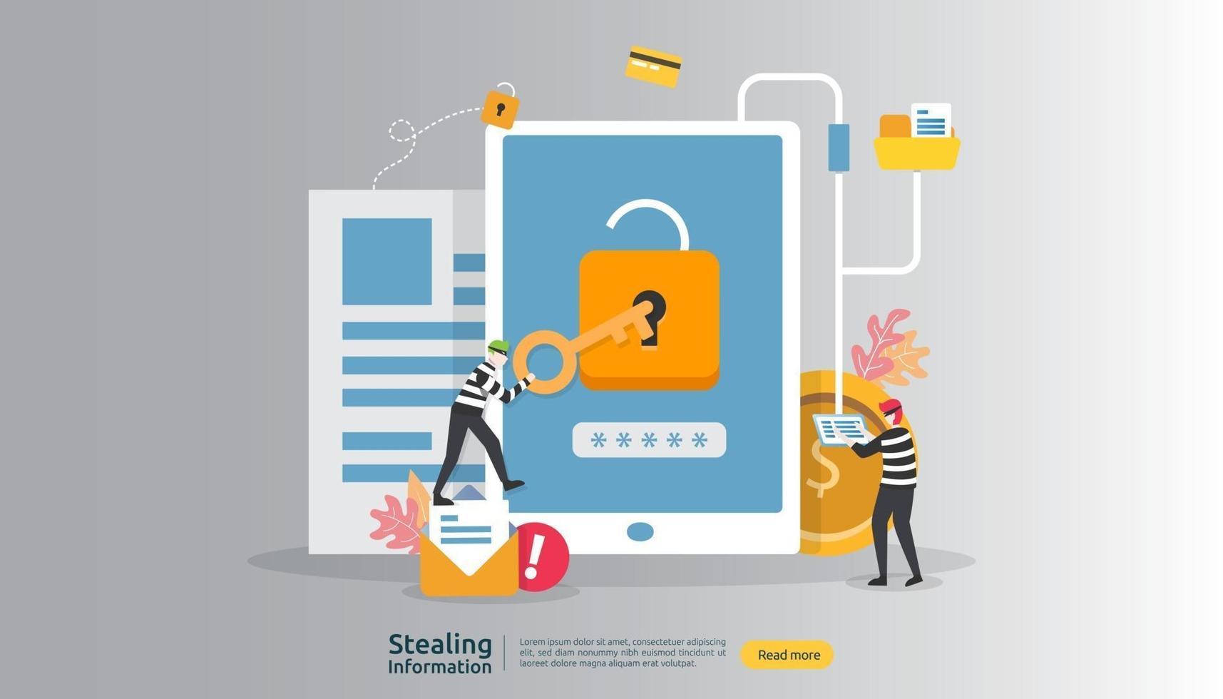 internet security concept with people character. password phishing attack. stealing personal information data web landing page, banner, presentation, social, print media template. Vector illustration