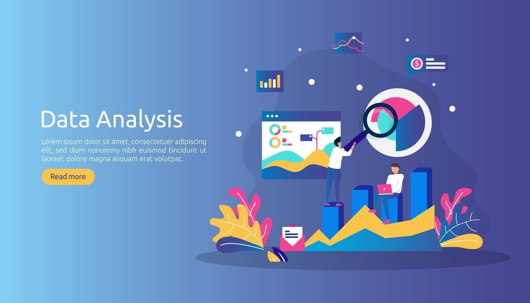 concepto de análisis de datos digitales para investigación de mercado y estrategia de marketing digital. análisis de sitios web o ciencia de datos con carácter de personas. plantilla para página de destino web, banner, presentación vector