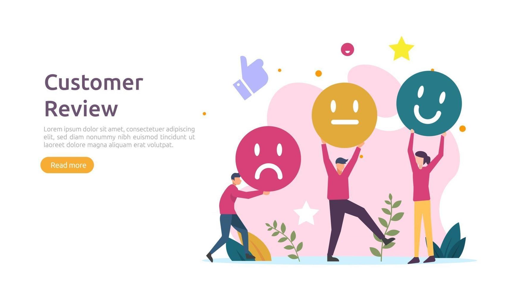 Customer review rating concept. people character giving feedback evaluation. satisfaction level and critic support with smartphone for web landing page, social, poster, ad, promotion or print media vector