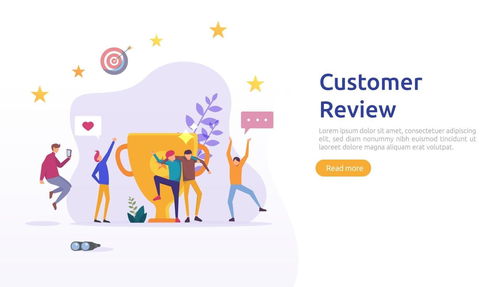 Customer review rating concept. people character giving feedback evaluation. satisfaction level and critic support with smartphone for web landing page, social, poster, ad, promotion or print media vector