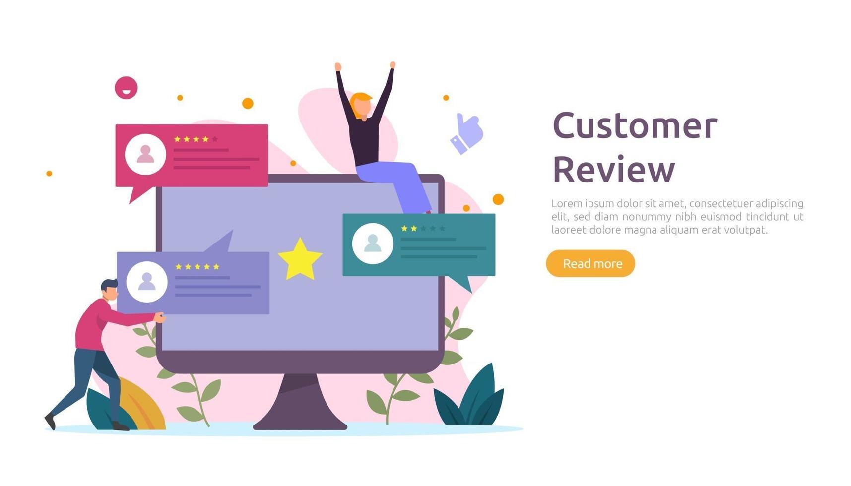 Customer review rating concept. people character giving feedback evaluation. satisfaction level and critic support with smartphone for web landing page, social, poster, ad, promotion or print media vector