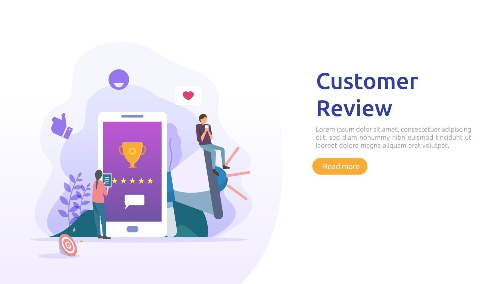 Customer review rating concept. people character giving feedback evaluation. satisfaction level and critic support with smartphone for web landing page, social, poster, ad, promotion or print media vector