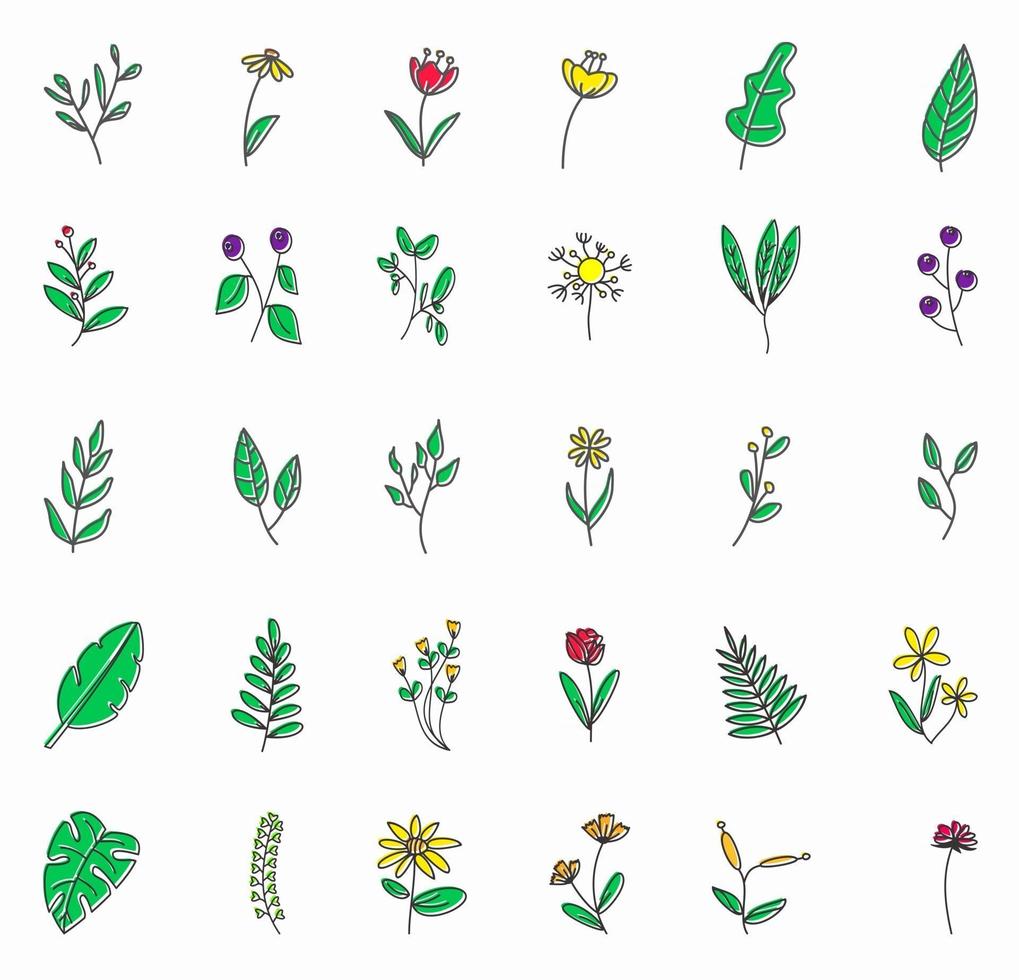 elementos florales dibujados a mano del doodle. tema de primavera y verano. vector botánico de flores y plantas en línea de color plano o estilo de contorno. se puede usar para resaltar el ícono de portada de la historia